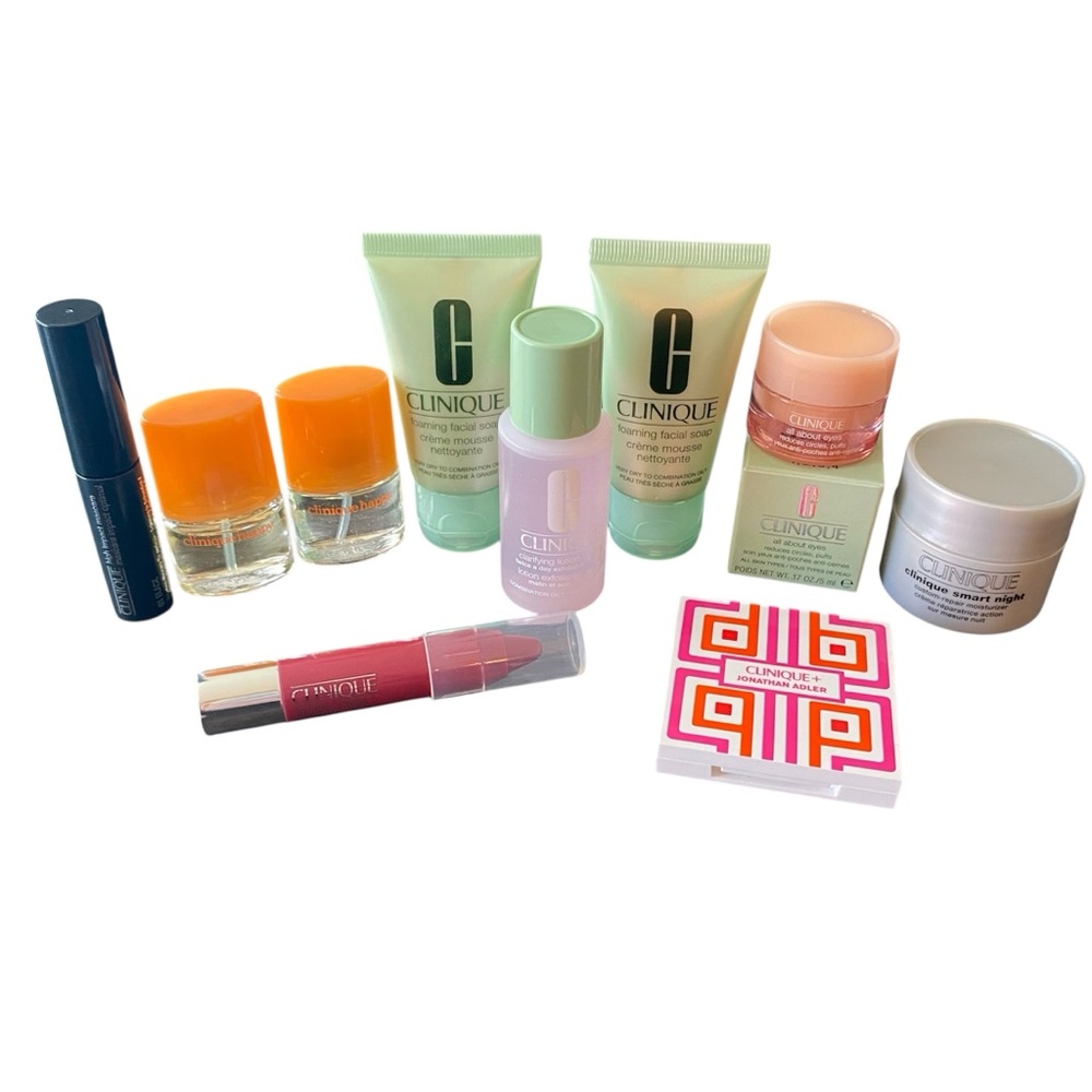 Clinique Skincare Makeup Lot 11 Piece Cleanser Moisturizer Soap Lip Stick NEW!